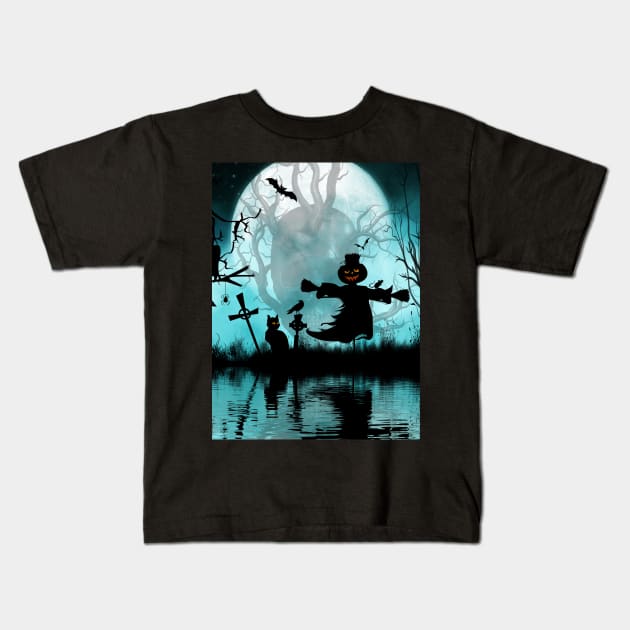 Funny halloween design with scarecrow, cat Kids T-Shirt by Nicky2342